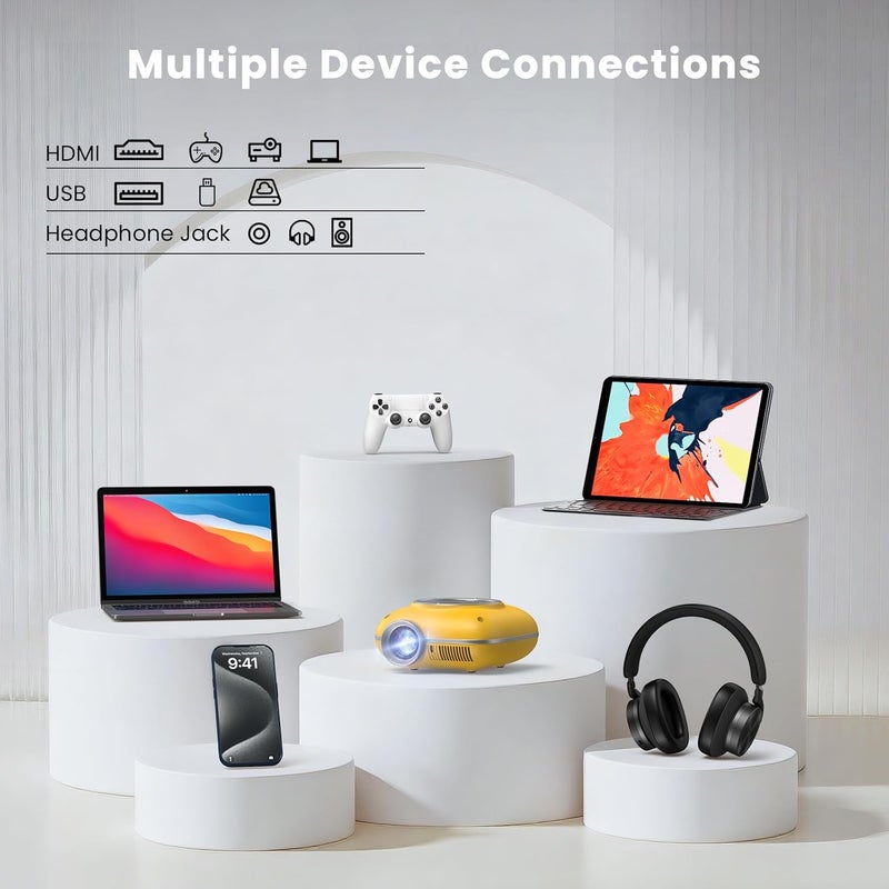 HOMPOW Mini Projector with Two -Way Bluetooth, Portable Projector for Home Theater Use, Support 1080P for Outdoor Projector/Movie Projector Compatible with HDMI, USB, Laptop, TV Stick (Yellow) - Image 5